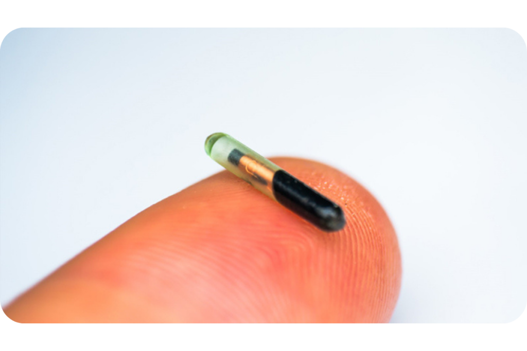 A microchip sits on the tip of a finger.