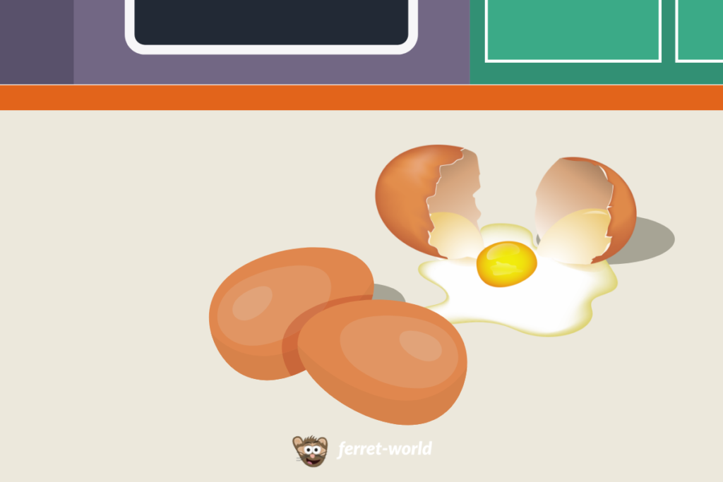 Two eggs sit on a kitchen floor. A cracked egg with spilled yolk is in the background.