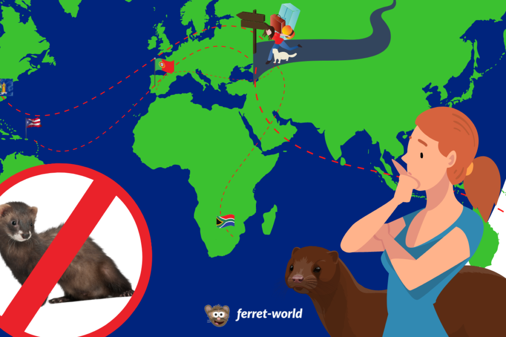 A woman and her ferret stand in front of a world map that shows some places where owning a ferret is illegal.