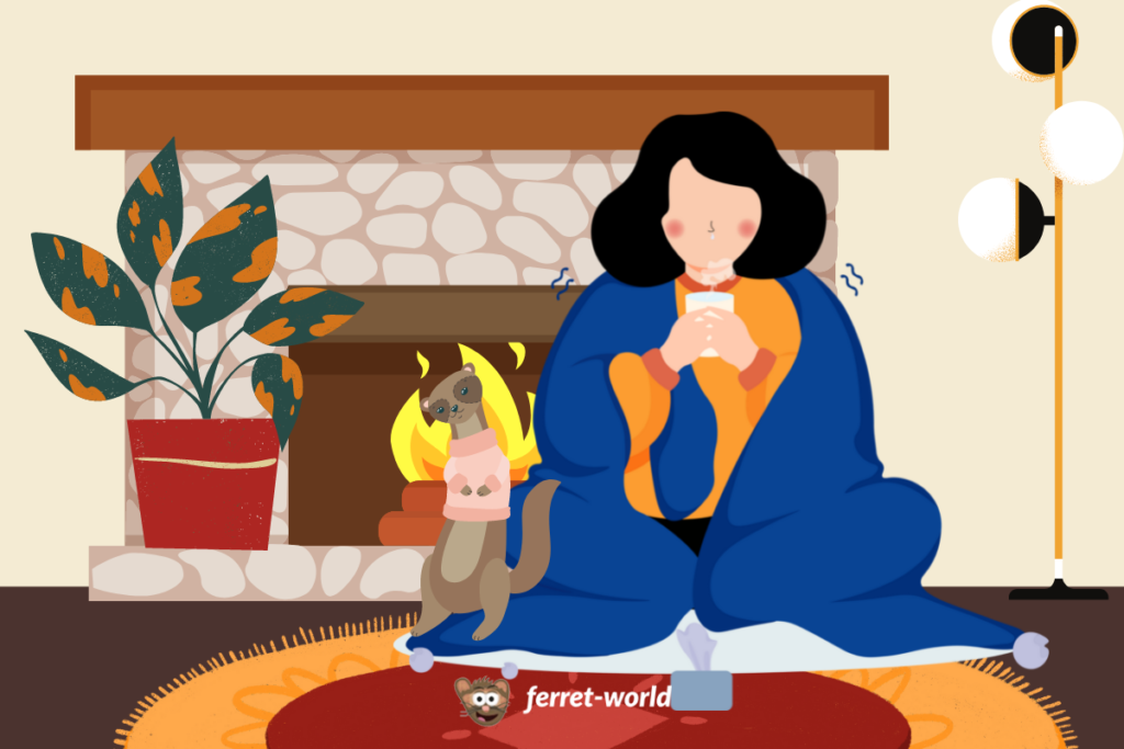 A shivering woman wrapped in a blanket drinks a warm beverage while sitting next to her ferret in front of a fire.