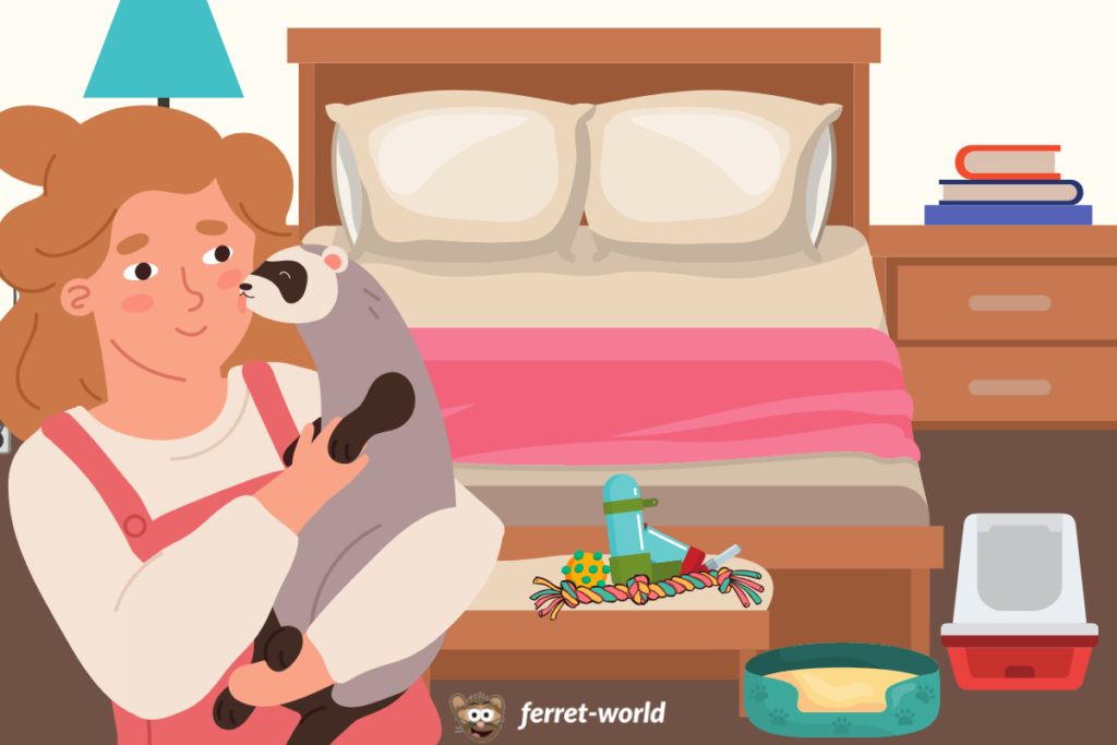 A woman cuddles her ferret in her bedroom. The ferret cage accessories are scattered in the background.