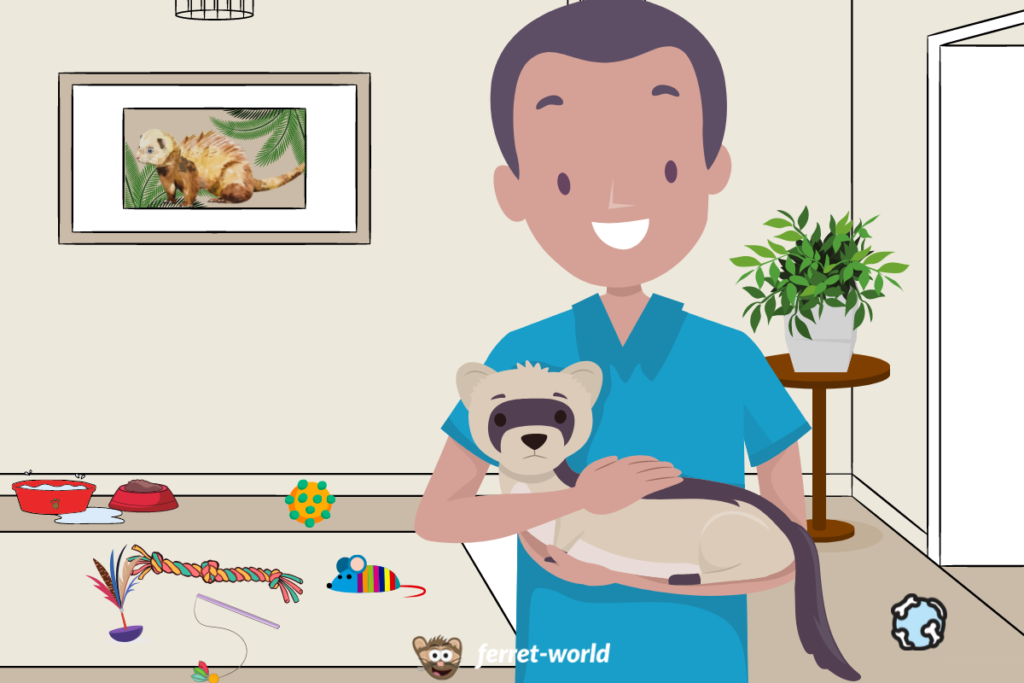 A man holds his ferret up against his chest. A bunch of ferret toys are scattered across the living room floor. 