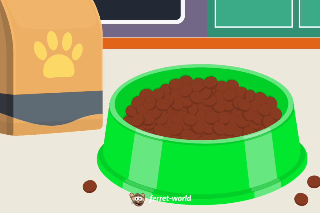 A bowl of kibble sits on a kitchen floor next to a bag of pet food.