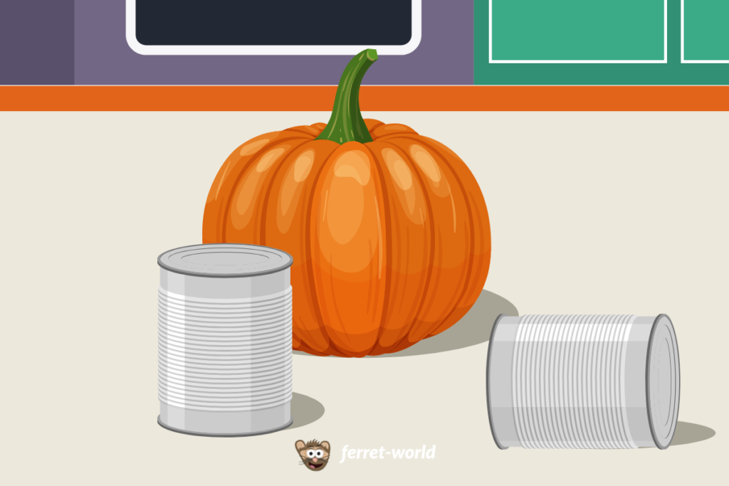 A pumpkin sits on a kitchen floor next to two metal cans. One sits upright and the other lays on its side.